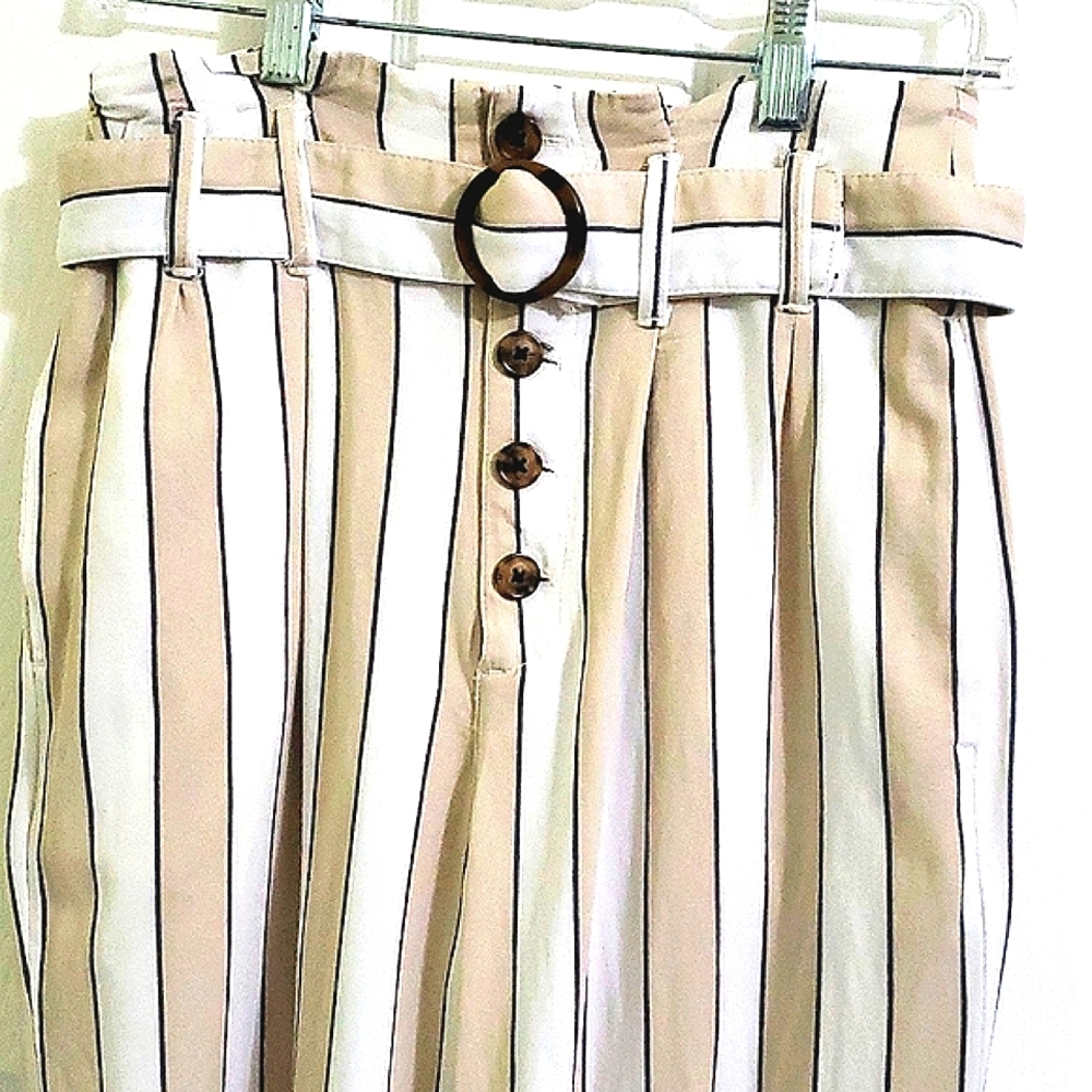 Abercrombie & Fitch White & Beige Striped High-Waist Wide Leg Paperbag Pants S - Picture 3 of 14